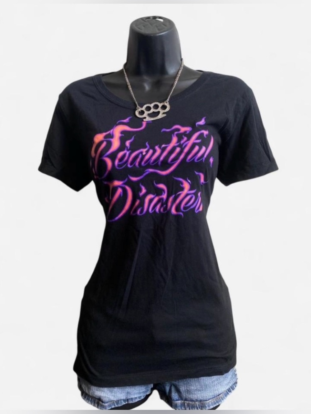 Beautiful Disaster Black Fitted Tee with Pink & Purple Flame Design